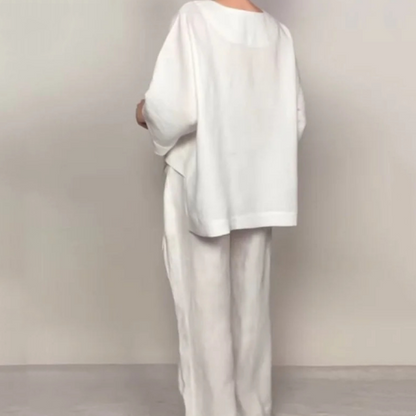 💎 Irregular Hem Cotton-Linen 2-Piece Set – V-Neck Top + Wide-Leg Pants, Breathable & Effortlessly Stylish 🍂👚