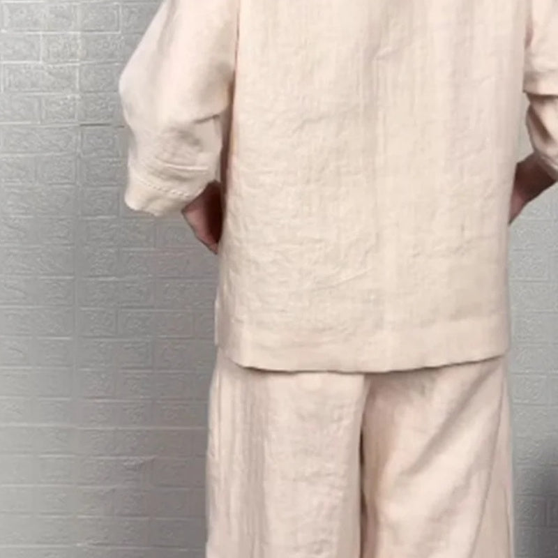 💎 Irregular Hem Cotton-Linen 2-Piece Set – V-Neck Top + Wide-Leg Pants, Breathable & Effortlessly Stylish 🍂👚