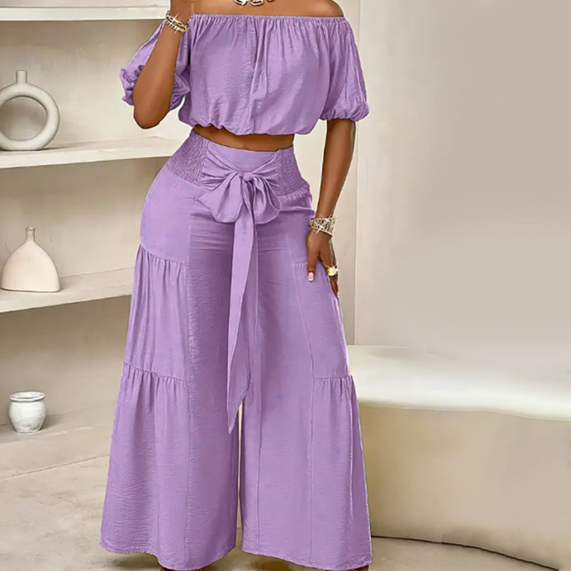 Off-Shoulder Puff Sleeve Top & Wide-Leg Pants 2-Piece Set – Elegant, Comfortable & Perfect for Summer Days ☀️