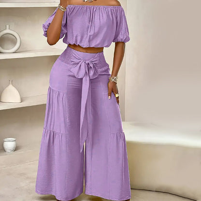 Off-Shoulder Puff Sleeve Top & Wide-Leg Pants 2-Piece Set – Elegant, Comfortable & Perfect for Summer Days ☀️