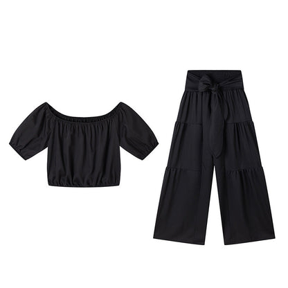 Off-Shoulder Puff Sleeve Top & Wide-Leg Pants 2-Piece Set – Elegant, Comfortable & Perfect for Summer Days ☀️