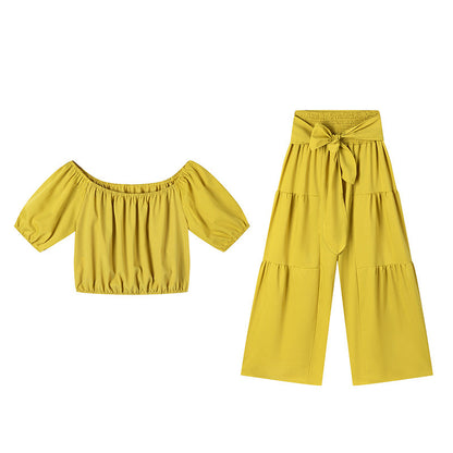 Off-Shoulder Puff Sleeve Top & Wide-Leg Pants 2-Piece Set – Elegant, Comfortable & Perfect for Summer Days ☀️