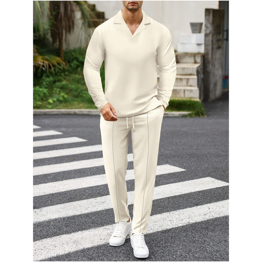 Elegant Men's Two-Piece Set With Collared Top & Drawstring Pants