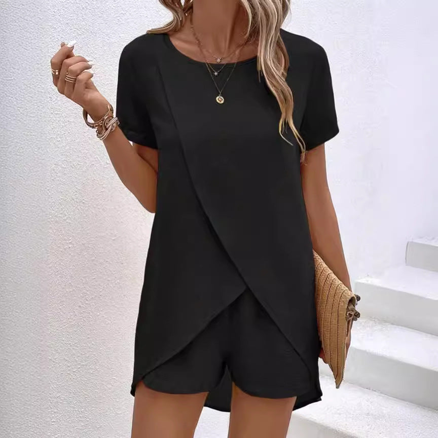 Women's Solid Color Irregular Top & Shorts Two Piece Set