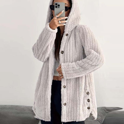 Women's Fuzzy Hooded Long-Sleeved Coat