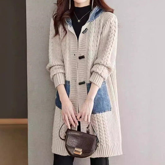 Button Detail Patchwork Knit Sweater Coat（50% OFF）
