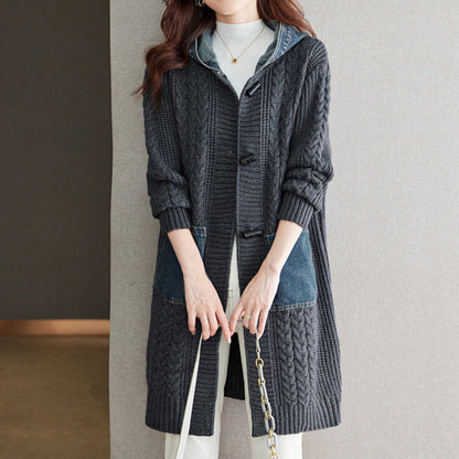 Button Detail Patchwork Knit Sweater Coat（50% OFF）