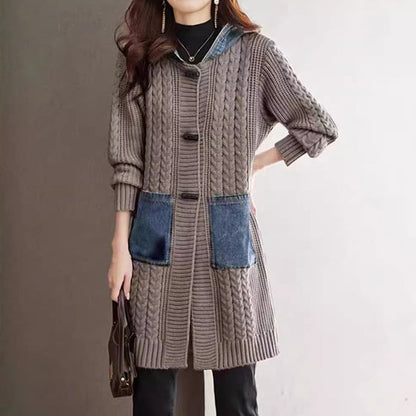 Button Detail Patchwork Knit Sweater Coat（50% OFF）