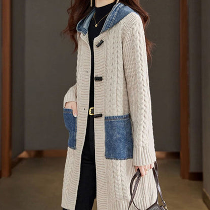 Button Detail Patchwork Knit Sweater Coat（50% OFF）