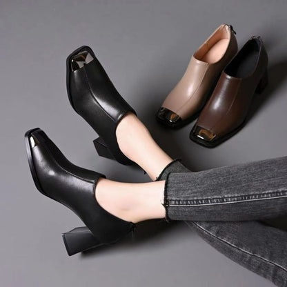 Women's Square-Toe Chunky Heel Shoes with Zipper