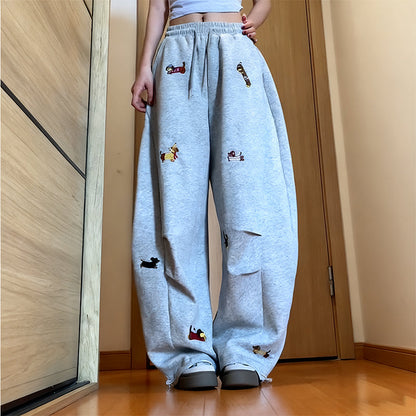 👖Embroidery Puppy Baggy Barrel Drawstring Sweatpants