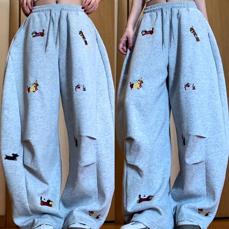 👖Embroidery Puppy Baggy Barrel Drawstring Sweatpants