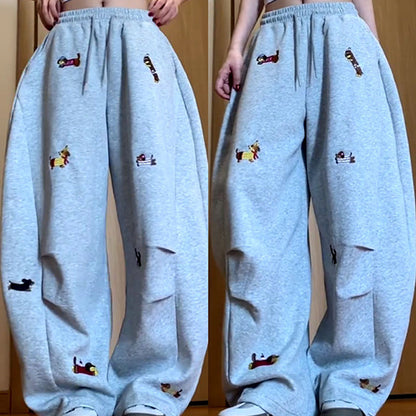 👖Embroidery Puppy Baggy Barrel Drawstring Sweatpants