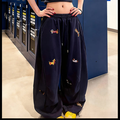 👖Embroidery Puppy Baggy Barrel Drawstring Sweatpants