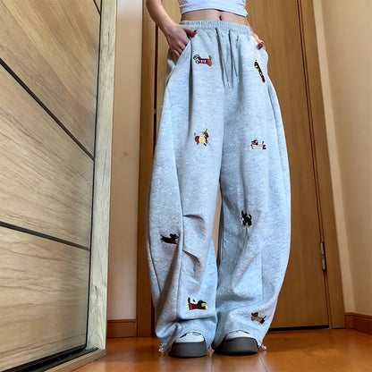 👖Embroidery Puppy Baggy Barrel Drawstring Sweatpants