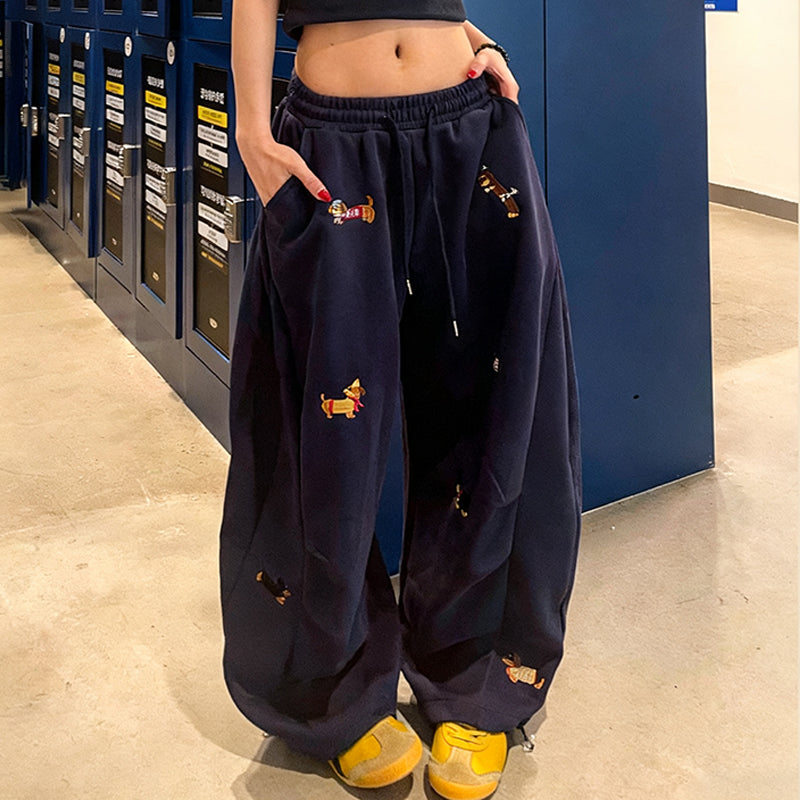 👖Embroidery Puppy Baggy Barrel Drawstring Sweatpants