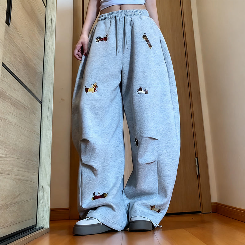 👖Embroidery Puppy Baggy Barrel Drawstring Sweatpants