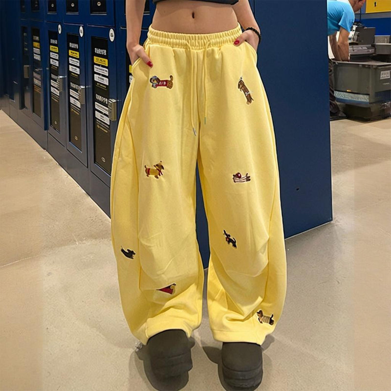 👖Embroidery Puppy Baggy Barrel Drawstring Sweatpants