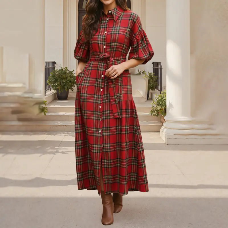 Women's Casual Plaid Maxi Shirt Dress