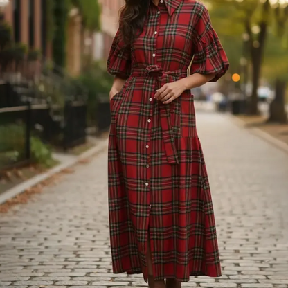 Women's Casual Plaid Maxi Shirt Dress