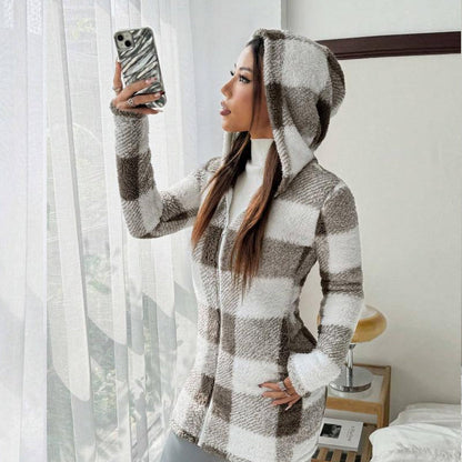 Women's Plaid Zip-Up Hooded Jacket