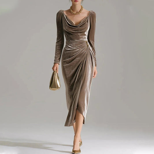 Long Sleeve Cowl Neck Ruched Slit Dress