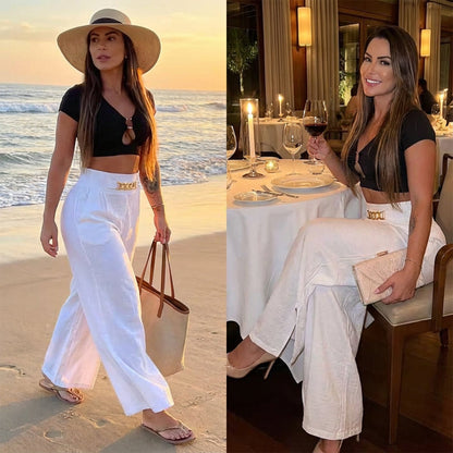 ✨🔥Women's High-Waist Wide-Leg Trousers with Belt Accent💓