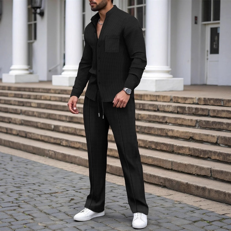 Men’s Casual Waffle Shirt Pants 2-Piece Set