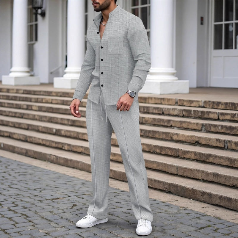Men’s Casual Waffle Shirt Pants 2-Piece Set