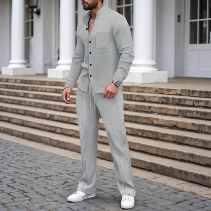 Men’s Casual Waffle Shirt Pants 2-Piece Set