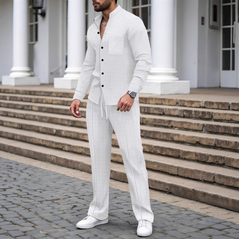 Men’s Casual Waffle Shirt Pants 2-Piece Set