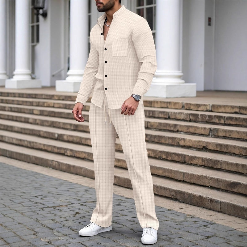 Men’s Casual Waffle Shirt Pants 2-Piece Set