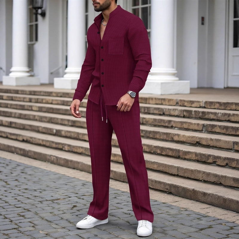 Men’s Casual Waffle Shirt Pants 2-Piece Set