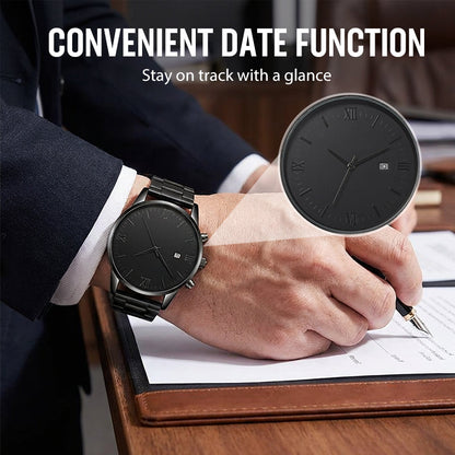 Men's Minimalist Quartz Watch with Date – All-Black Stainless Steel, Roman Dial & Precision Timekeeping! ⌚🖤
