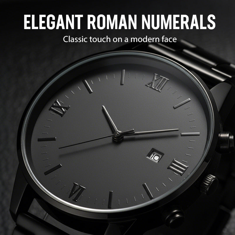 Men's Minimalist Quartz Watch with Date – All-Black Stainless Steel, Roman Dial & Precision Timekeeping! ⌚🖤