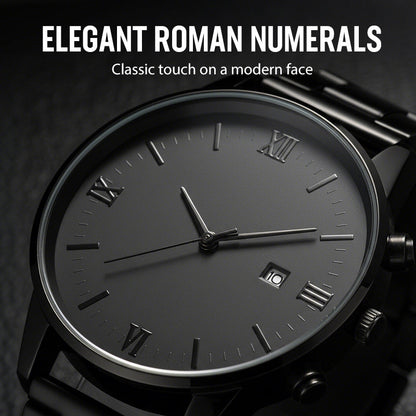 Men's Minimalist Quartz Watch with Date – All-Black Stainless Steel, Roman Dial & Precision Timekeeping! ⌚🖤