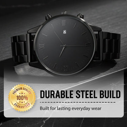 Men's Minimalist Quartz Watch with Date – All-Black Stainless Steel, Roman Dial & Precision Timekeeping! ⌚🖤
