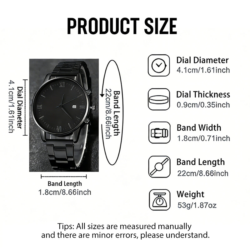Men's Minimalist Quartz Watch with Date – All-Black Stainless Steel, Roman Dial & Precision Timekeeping! ⌚🖤