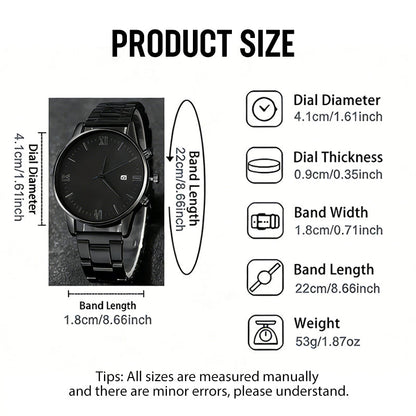 Men's Minimalist Quartz Watch with Date – All-Black Stainless Steel, Roman Dial & Precision Timekeeping! ⌚🖤
