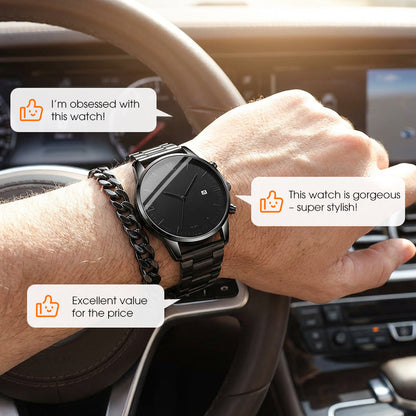 Men's Minimalist Quartz Watch with Date – All-Black Stainless Steel, Roman Dial & Precision Timekeeping! ⌚🖤