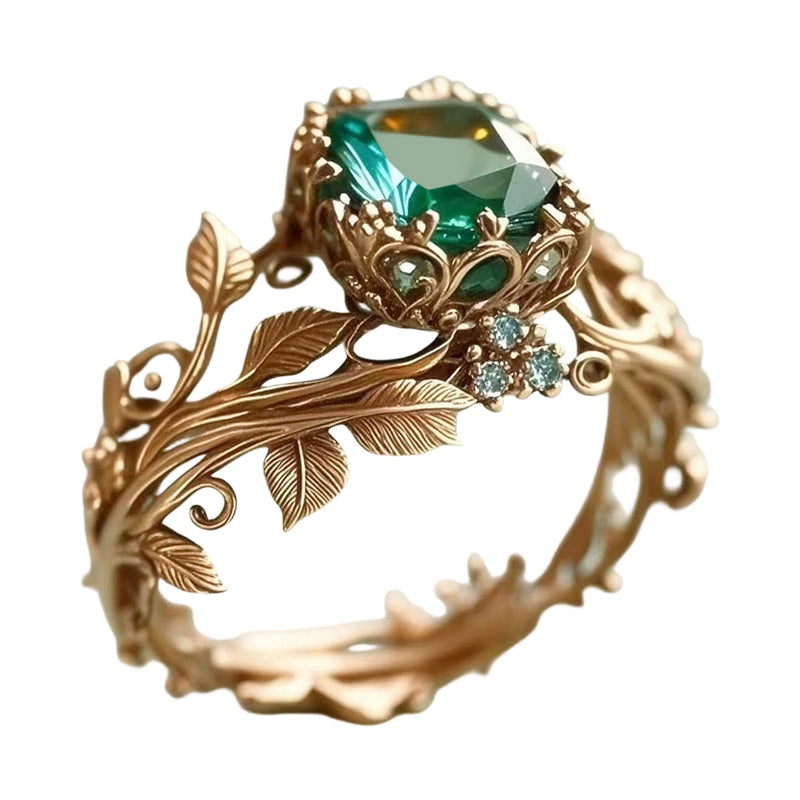 💖Green Synthetic Crystal Ring with Intricate Leaf