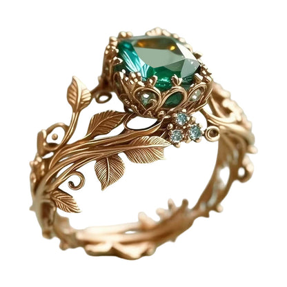 💖Green Synthetic Crystal Ring with Intricate Leaf