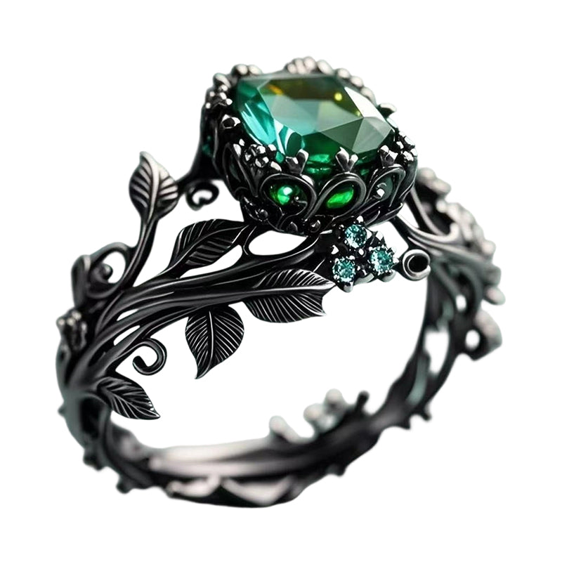 💖Green Synthetic Crystal Ring with Intricate Leaf