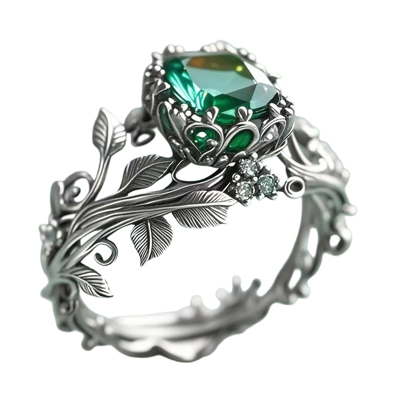 💖Green Synthetic Crystal Ring with Intricate Leaf