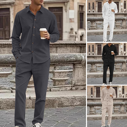 ✨🔥Men's Textured Long Sleeve Shirt & Pants Set