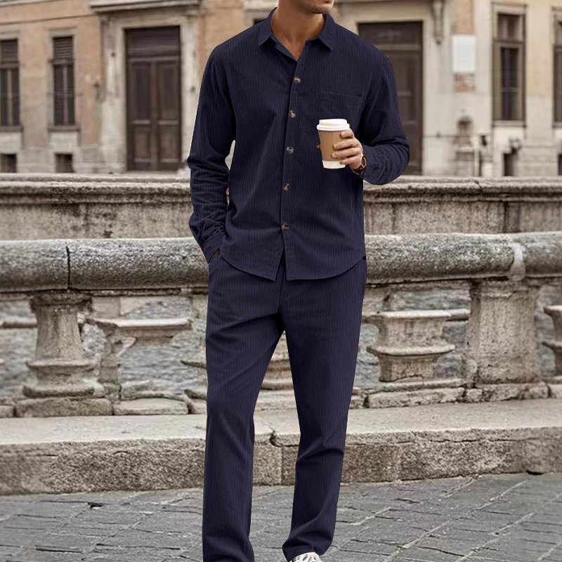 ✨🔥Men's Textured Long Sleeve Shirt & Pants Set