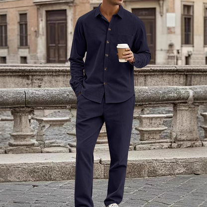 ✨🔥Men's Textured Long Sleeve Shirt & Pants Set