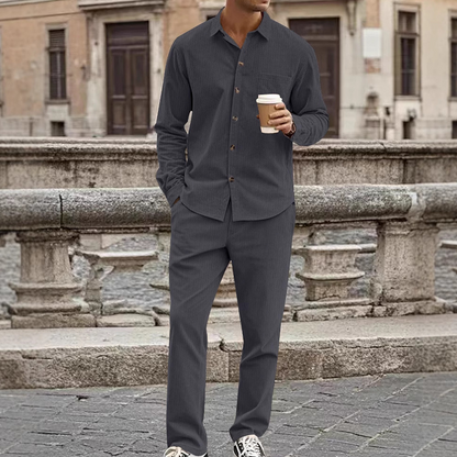 ✨🔥Men's Textured Long Sleeve Shirt & Pants Set