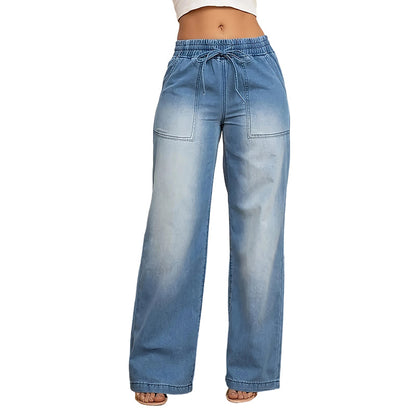 Women's Drawstring Waist Wide-Leg Denim Jeans