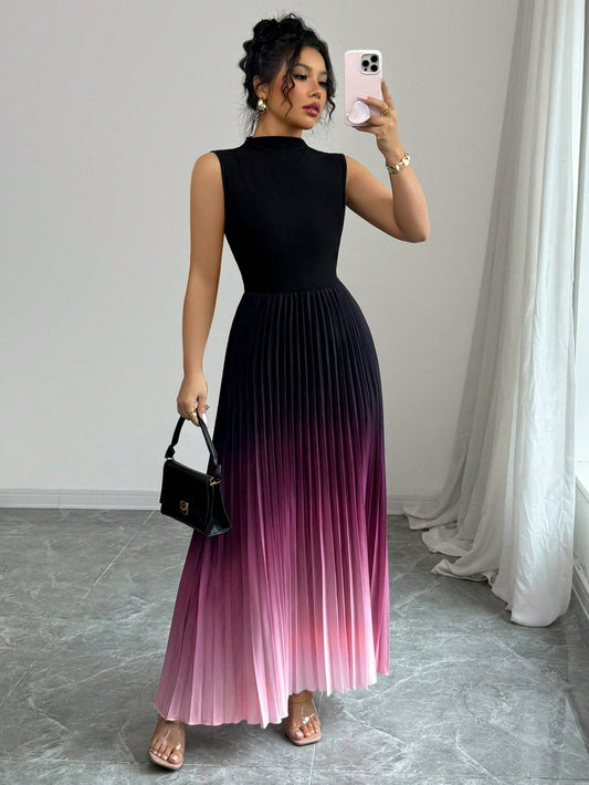 👗Ombre Pleated Sleeveless Mock Neck Maxi Dress❤️